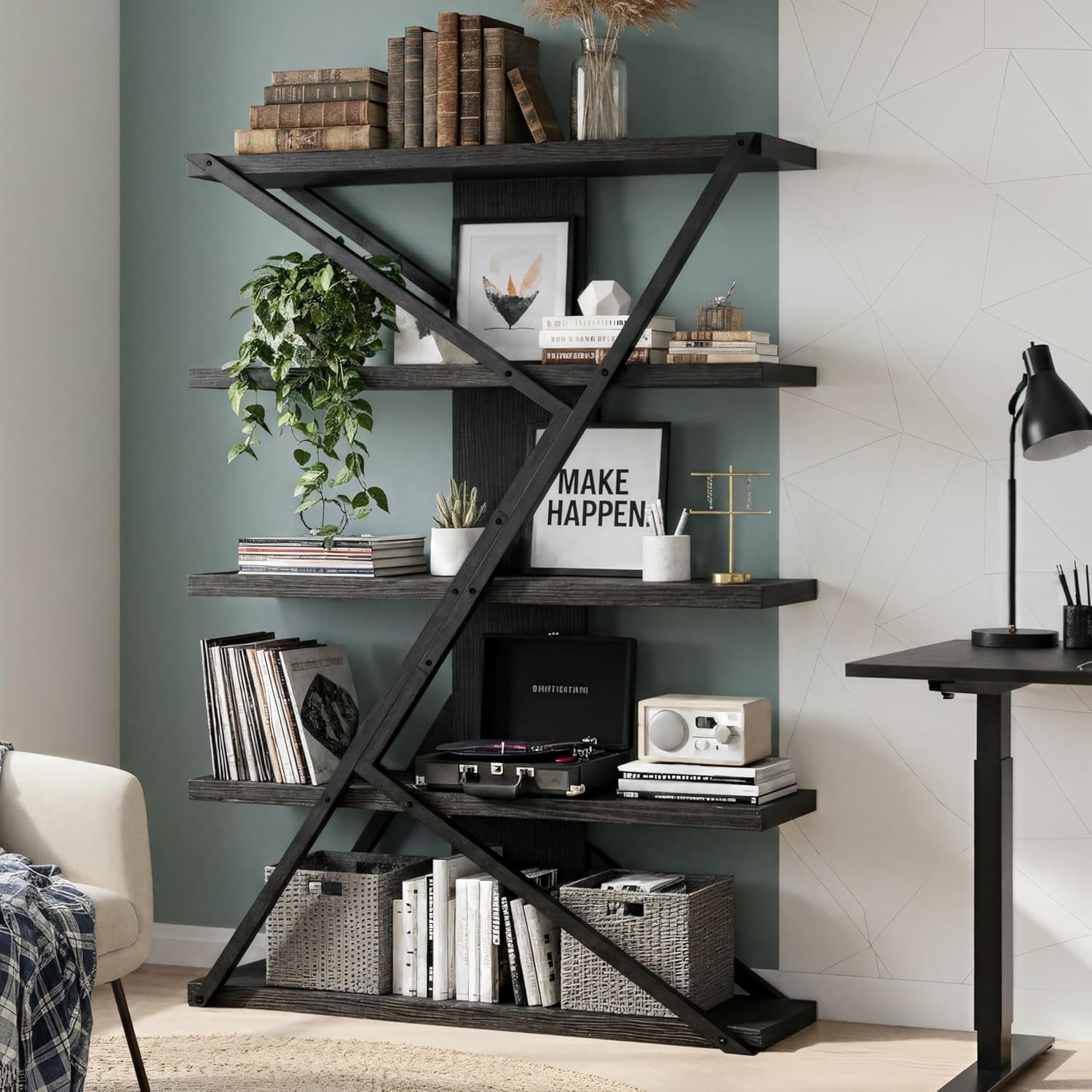 Industrial Book shelf Five Tier Solid Oak Wood Metal-0