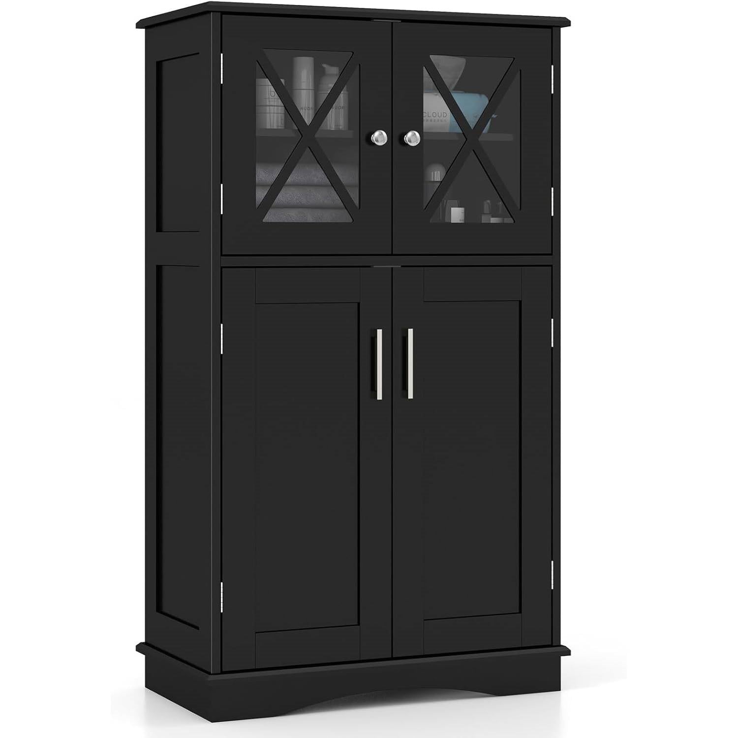 Black Bathroom Towel Linen Cabinet with Glass Doors and Storage Shelves