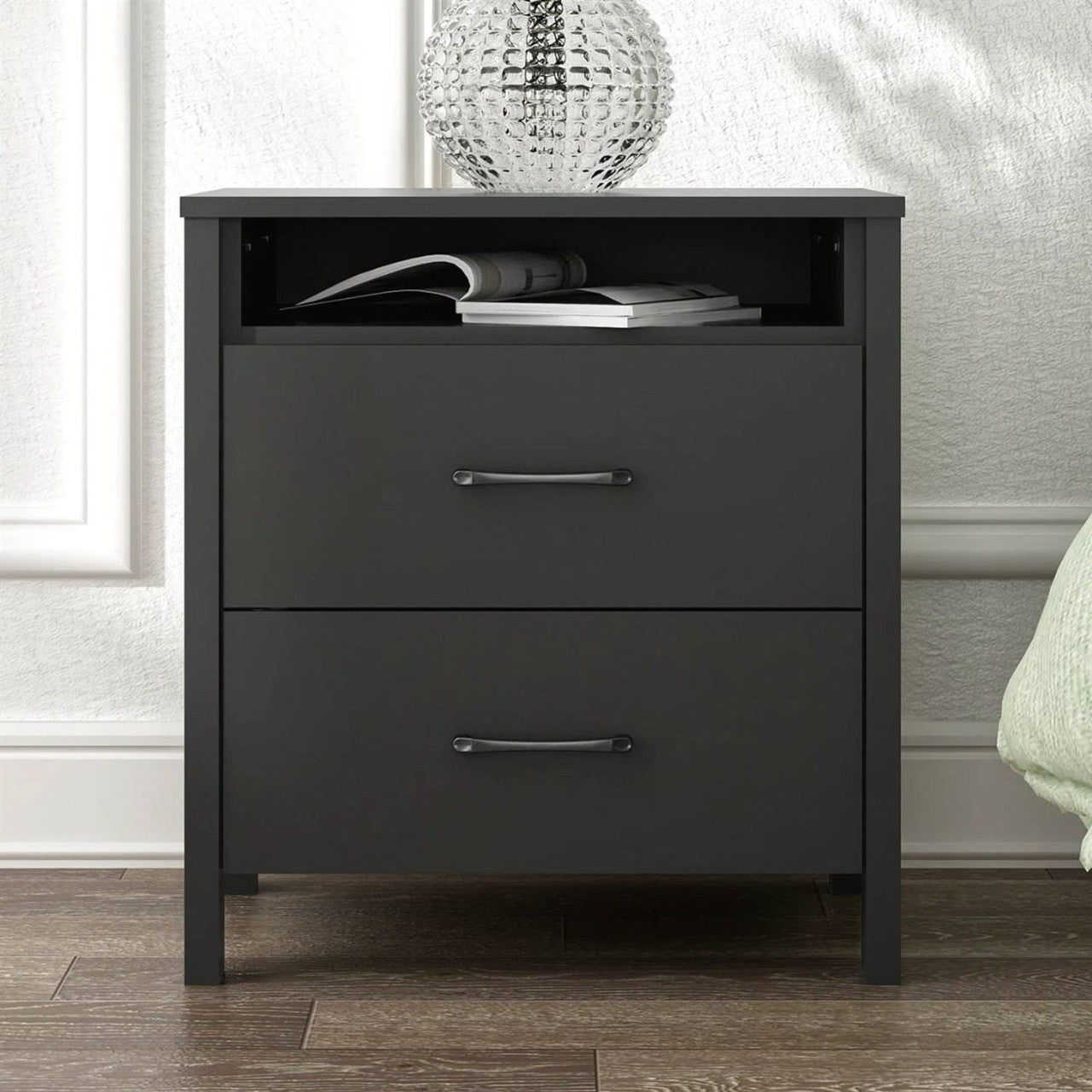 Modern 2-Drawer Nightstand Bedside Table in Black Wood Finish