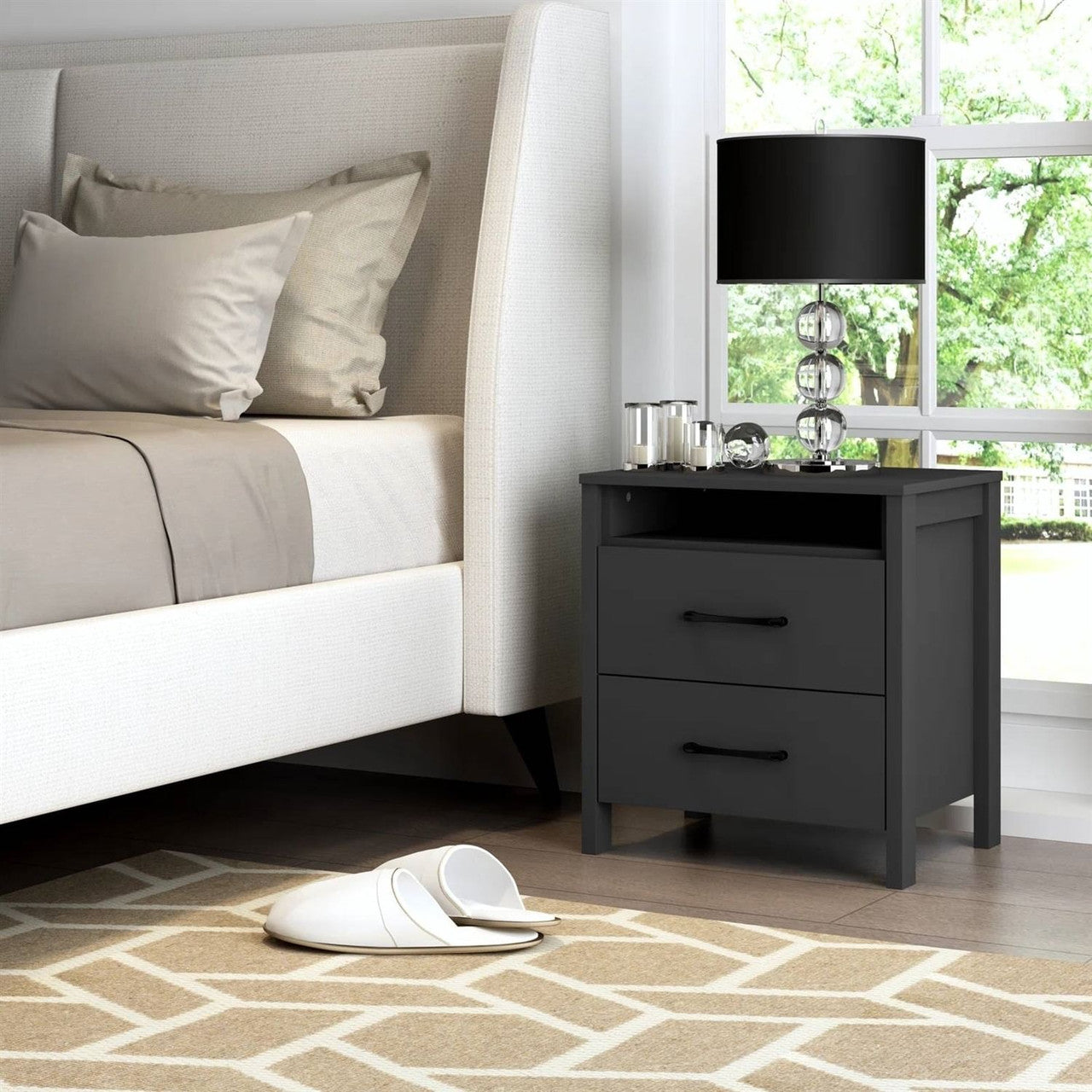 Modern 2-Drawer Nightstand Bedside Table in Black Wood Finish