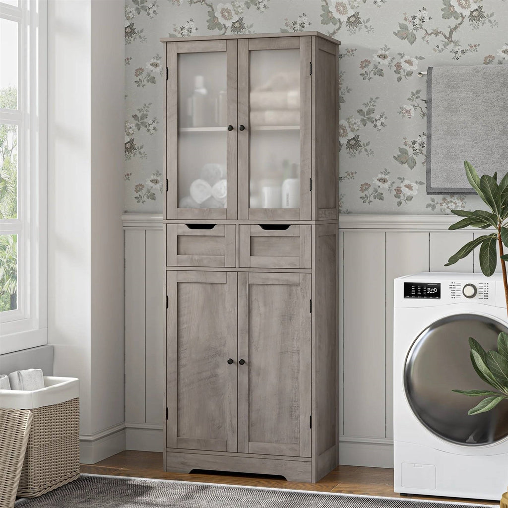 Farmhouse Bathroom Linen Cabinet with Storage Drawers in Grey Taupe Wood Finish