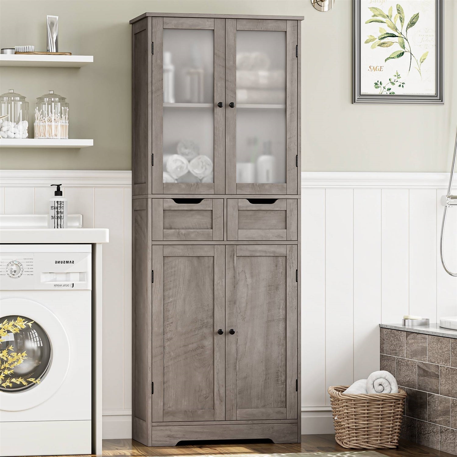 Farmhouse Bathroom Linen Cabinet with Storage Drawers in Grey Taupe Wood Finish