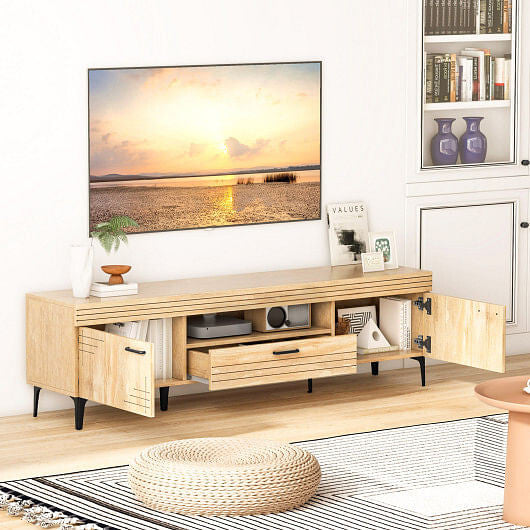 Oak TV Stand with 2 Cabinets & Storage Drawer for TVs up to 65 Inches