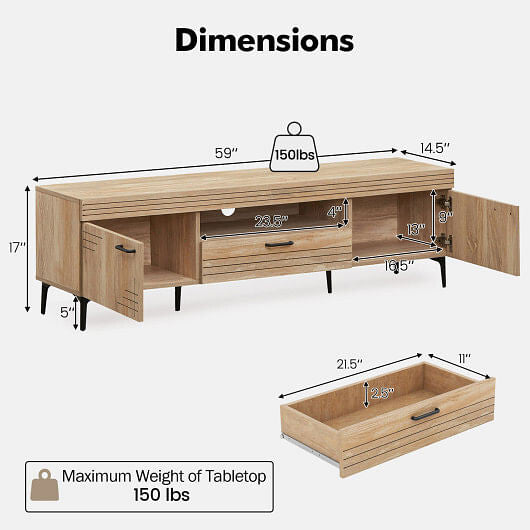 Oak TV Stand with 2 Cabinets & Storage Drawer for TVs up to 65 Inches