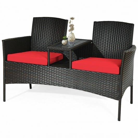 Modern Patio Conversation Set with Built-in Coffee Table and Cushions-Beige