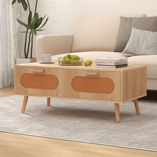 Rattan Coffee Table Mid Century Modern Center Table with 2 Storage Drawers-Natural
