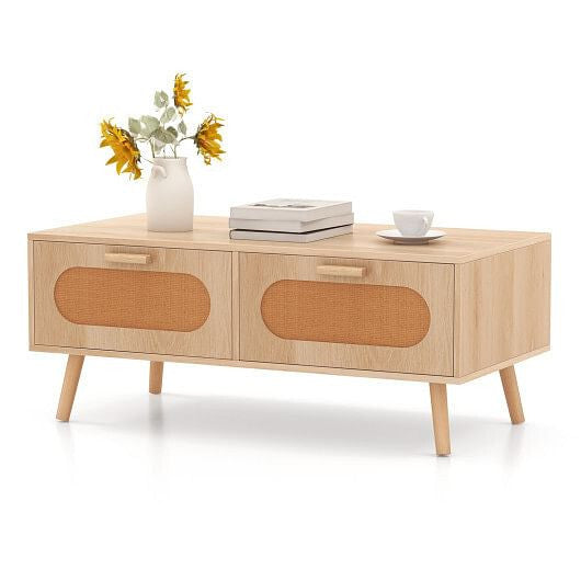 Rattan Coffee Table Mid Century Modern Center Table with 2 Storage Drawers-Natural