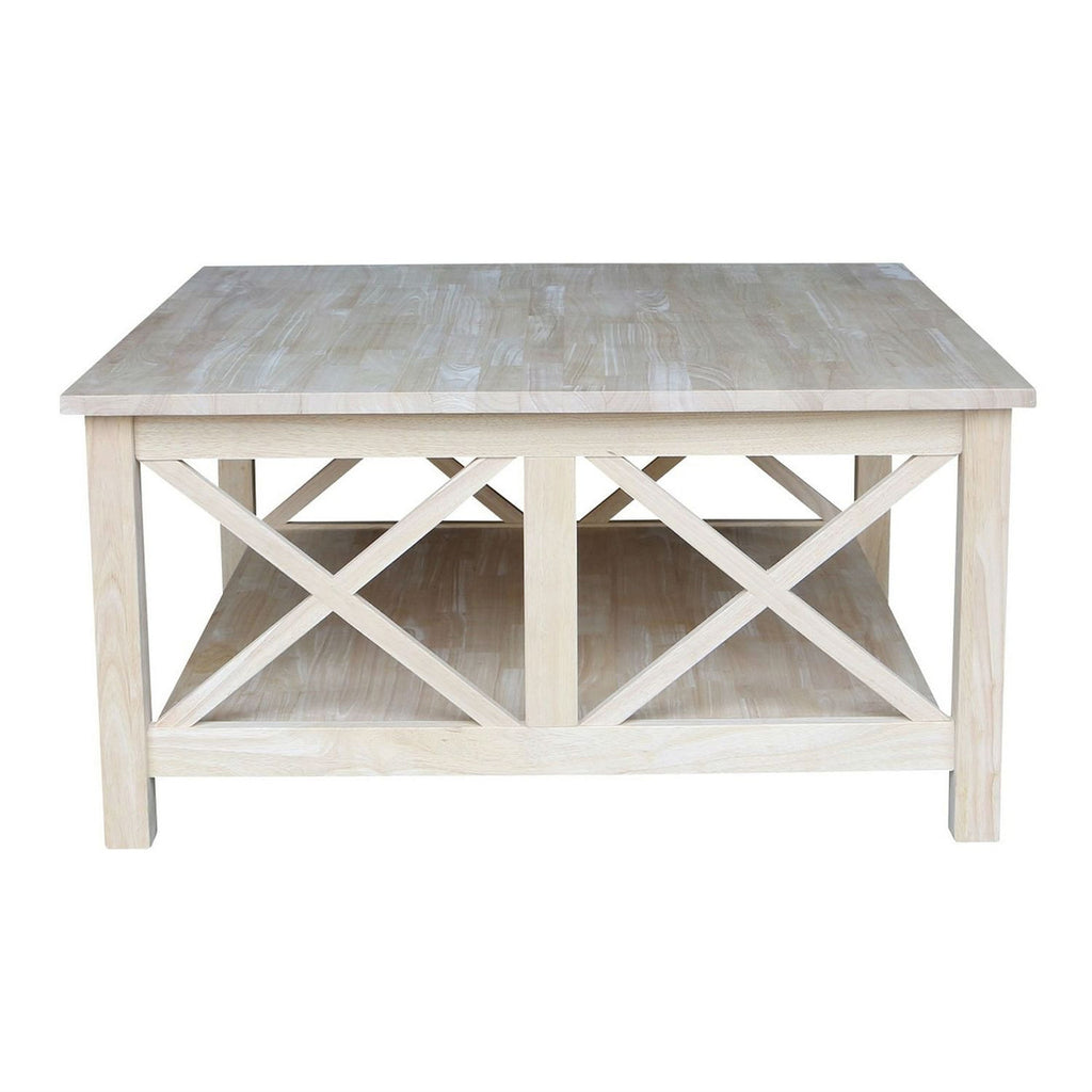 Square Unfinished Solid Wood Coffee Table with Bottom Shelf