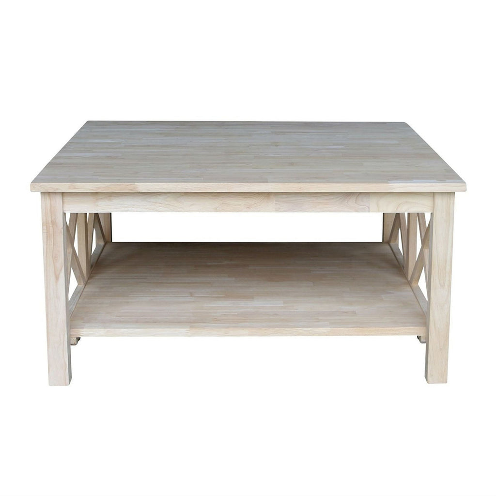 Square Unfinished Solid Wood Coffee Table with Bottom Shelf