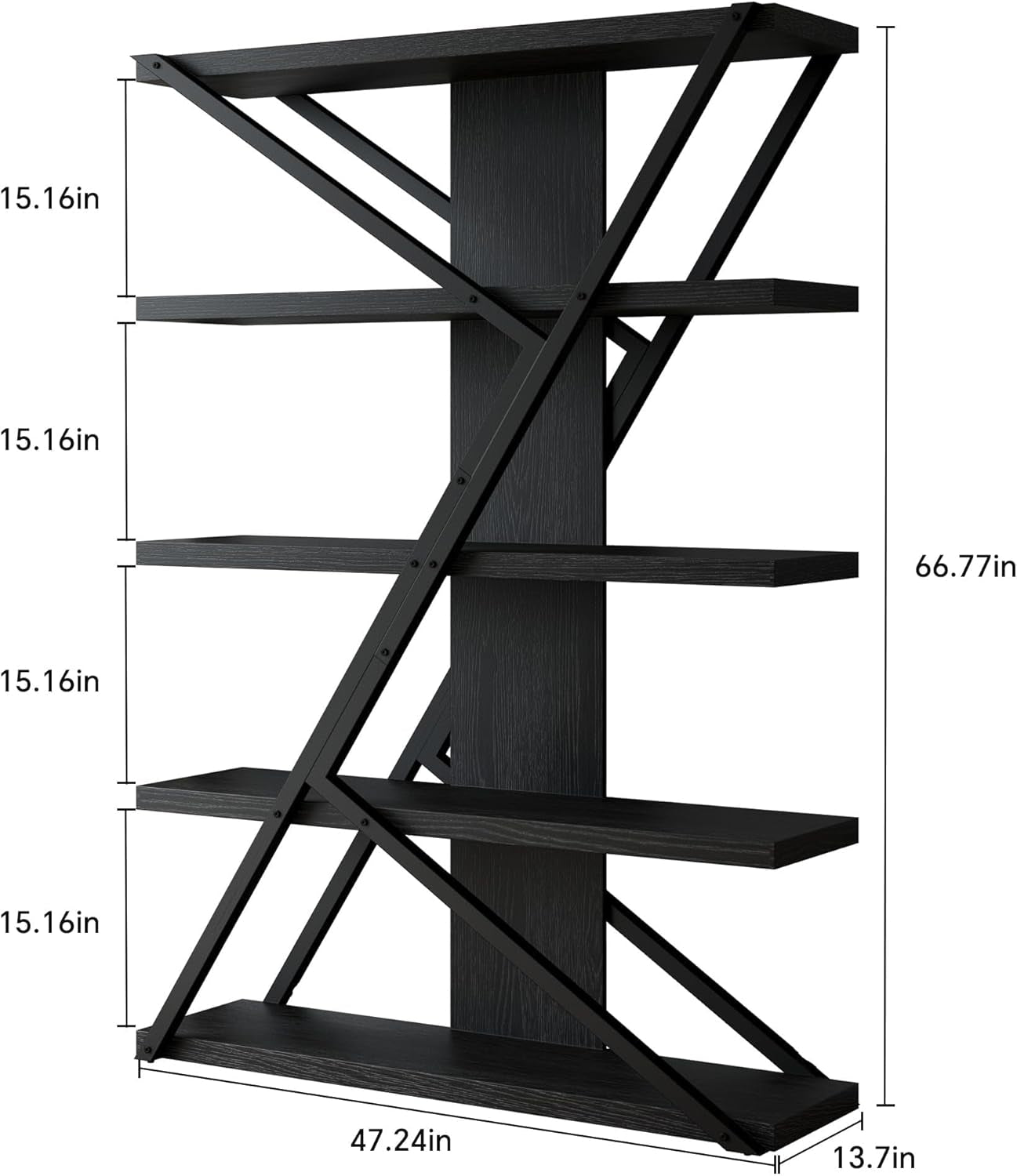 Industrial Book shelf Five Tier Solid Oak Wood Metal-1